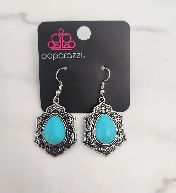 Paparazzi Vintage Silver and Turquoise Dangle Earrings - Picture 3 of 9